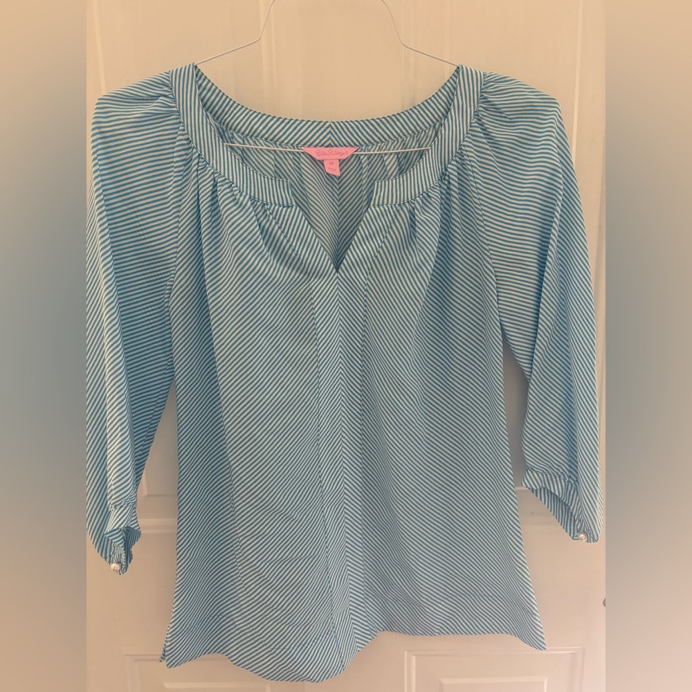 Lilly Pulitzer 100% Silk Striped Blue Women's Top